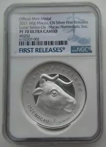 NGC PF70 マカオ 2021 ヌミサティック協会 中国の月の牛銀メダル 60g|WORLD RESOURCE【KING店】