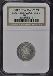 1848 年 フランス Essai 20F Maz-1263B NGC MS62 Wodete 50 E｜WORLD RESOURCE【KING店】