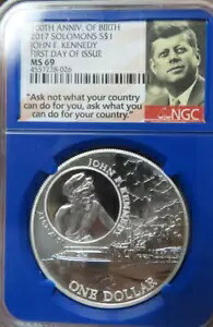 2017 シルバー JFK ソロモン諸島 NGC MS 69 1 オンス 999 シルバー ブルー コア ケネディ ラベル｜WORLD RESOURCE【KING店】
