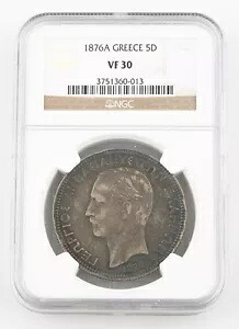 1876-A ギリシャ 5 ドラクマイ銀貨 VF-30 王冠付きマントル内の NGC アーム KM-46|WORLD RESOURCE【KING店】