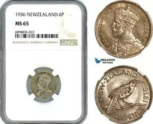 AK102、ニュージーランド、ジョージ 5 世、6 ペンス 1936 年、ロンドン造幣局、シルバー、NGC MS65｜WORLD RESOURCE【KING店】