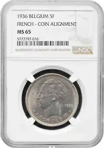 ベルギー 5 フラン 1936 フランス語、NGC MS65、「レオポルド 3 世 (1934-1947)」ポップ 1/1-｜WORLD RESOURCE【KING店】