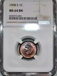 NGC MS-64 BN 1908-S インディアン ヘッド セント、ゴージャスなトーンのキーデイトと豊富なレッド!｜WORLD RESOURCE【KING店】