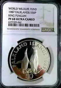 NGC PF68 フォークランド 1987 オウサマペンギン シルバー 50P WWF 世界自然保護基金 プルーフ｜WORLD RESOURCE【KING店】