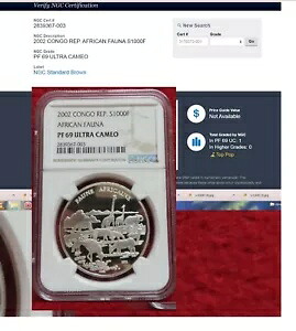 2002 アフリカ コンゴ .999 シルバー アフリカの動物 PF 69 NGC 1000 フラン｜WORLD RESOURCE【KING店】