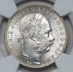 1885 年、ハンガリー、フランシス ジョセフ I. シルバー フォリント (グルデン) コイン。トップポップ！ NGC MS63！