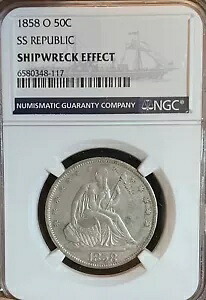 1858-O SS 共和国 NGC 難破船の影響!シーテッド・リバティ・ハーフダラー