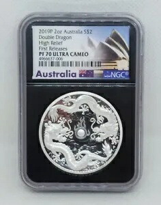 2019 2oz オーストラリア ダブル ドラゴン HR NGC PF70 UC 初回リリース ブラック コア