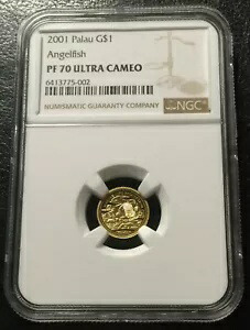 2001 パラオ $1 エンゼルフィッシュ ゴールド 1/25oz プルーフ コイン NGC PF70UC トップ POP 1/0
