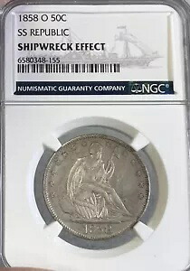 1858-O SS 共和国 NGC 難破船の影響!シーテッド・リバティ・ハーフダラー