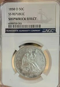 1858-O SS 共和国 NGC 難破船の影響!シーテッド・リバティ・ハーフダラー