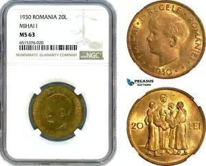 AI098、ルーマニア、ミハイ I、20 レイ 1930、ロンドン造幣局、NGC MS63