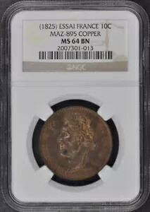 1825 ESSAI フランス 10C Maz-895 NGC MS64 BN 銅