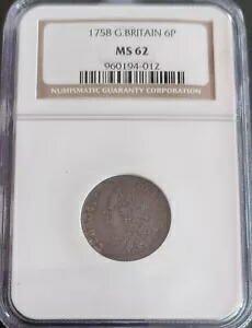 ?1758 イギリス 6 ペンス ? NGC MS62 ? フルグレード アンティーク 6P コイン問題なし