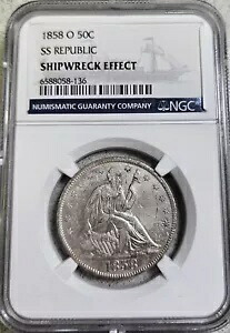 1858-O SS 共和国 NGC 難破船の影響!シーテッド・リバティ・ハーフダラー