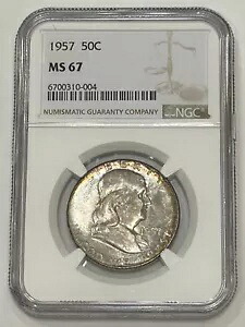 1957 ペソ フランクリン ハーフダラー NGC MS67 トーン (NGC 人口 57 は 6 だけ多い)