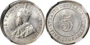 1926年 シルバー スモールコイン 5セント 海峡和解 マラヤ ジョージ5世 イングランド MS 66