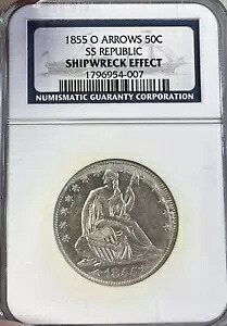 1855-O アローズ SS リパブリック NGC 難破船エフェクト シーテッド リバティ ハーフダラー