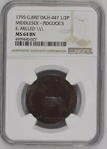 1795 GT ブリテン DH-447 ミドルセックス・ピドコックの 1/2P コンドル トークン NGC MS64 BN｜WORLD RESOURCE【KING店】 160,600円