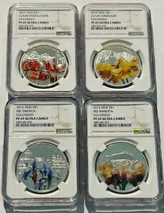 ニウエ $1 マジカル フラワー シリーズ カラー化 1 オンス プルーフ コイン NGC PF 69 4 枚セット