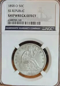 1858-O SS 共和国 NGC 難破船の影響!シーテッド・リバティ・ハーフダラー