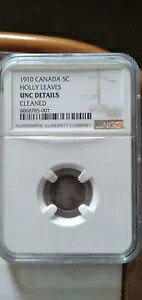 カナダ 1910年 「Holly Leaves」 5c シルバー コイン NGC UNC クリーニング済み