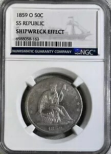1859-O SS 共和国 NGC 難破船の影響!シーテッド・リバティ・ハーフダラー