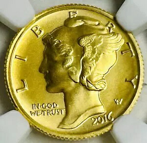 2016 マーキュリー ダイム センテニアル 金貨 1/10 オンス .9999 ファイン SP70 NGC 早期リリース