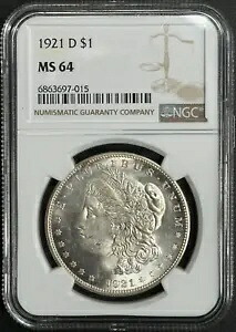 1921 D モーガン シルバー ダラー 1 ドル NGC MS 64、良好な問題のないセミキー デイト