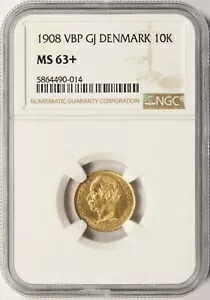 1908 VBP デンマーク ゴールド 10 クローネ NGC MS63+