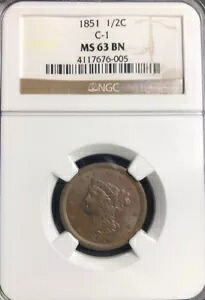 1851 C-1 NGC MS 63 BN 編み込みヘア ハーフセント コイン 1/2c