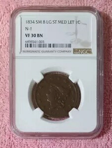 1834年 大セント、小8-Lgスター-中文字、N-1、ダブルプロファイル、NGC VF30｜WORLD RESOURCE【KING店】