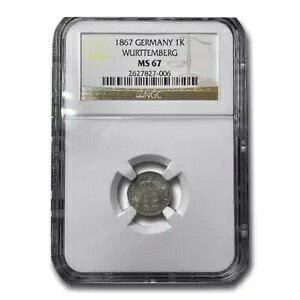 1867 ドイツ シルバー 1 クロイツァー MS-67 NGC (ヴュルテンベルク)｜WORLD RESOURCE【KING店】 116,600円