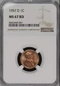 1957-D 1C RD リンカーン小麦 1 セント NGC MS667RD 5866440-007