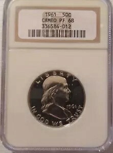 1961 NGC PF 68 カメオ プルーフ フランクリン ハーフダラー *** PQ ブラック & ホワイト カメオ ***