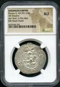サーサン朝、フスル II、AD 591-628、AR Drachm NGC AU|WORLD RESOURCE【KING店】