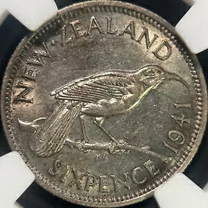 ニュージーランド。 1941、6 ペンス、シルバー - NGC AU58 - KGVI、キウイ、主要日付、トップ 10