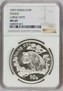 1997 シルバーパンダ 1オンス10元ラージデイトNGC MS69。送料無料。｜WORLD RESOURCE【KING店】