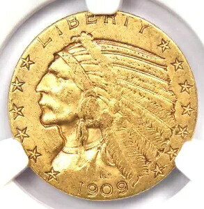 1909-S インディアン ゴールド ハーフ イーグル $5 コイン - NGC AU55 - 希少なサンフランシスコ日付!