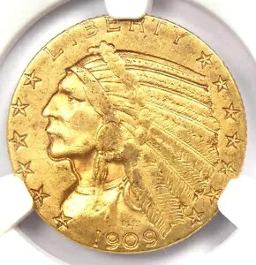 1909-S インディアン ゴールド ハーフ イーグル $5 コイン - NGC AU55 - 希少なサンフランシスコ日付!