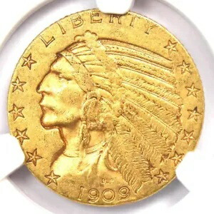 1909-S インディアン ゴールド ハーフ イーグル $5 コイン - NGC AU55 - 希少なサンフランシスコ日付! 386,595円