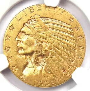 1909-S インディアン ゴールド ハーフ イーグル $5 コイン - NGC AU55 - 希少なサンフランシスコ日付!