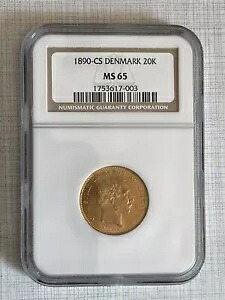 デンマーク 1890-CS 20 クローネ 金貨 NGC MS65 SKU#879
