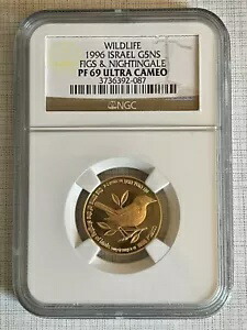 イスラエル 1996 ワイルドライフ フラグ & ナイチンゲール 5 ニュー シェカリム ゴールド NGC PF69 Sku# 3402