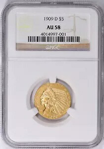 1909-D インディアン ヘッド $5 ハーフ イーグル ゴールド NGC AU58