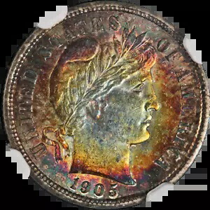 1905-P バーバーダイム とんでもないカラー NGC MS63 極上のアイアピール ストロングストライク