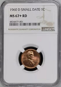 1960-D 1C RD スモール デイト リンカーン記念館 1 セント NGC MS67+RD 4834477-001