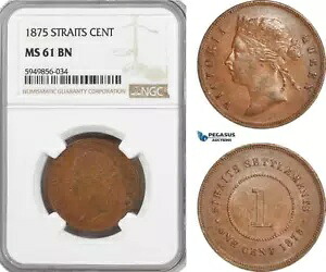 AG627、海峡集落、ビクトリア州、1 セント 1875、NGC MS61BN、ポップ 1/5