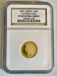 リベリア 2002 流れる髪 40 ドル金貨 NGC PF 69 ウルトラ カメオ Sku# 102