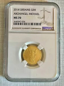 ウクライナ 2014 大天使ミカエル 5 グリヴェン 1/4 オンス ゴールド コイン NGC MS70 Sku# 4276